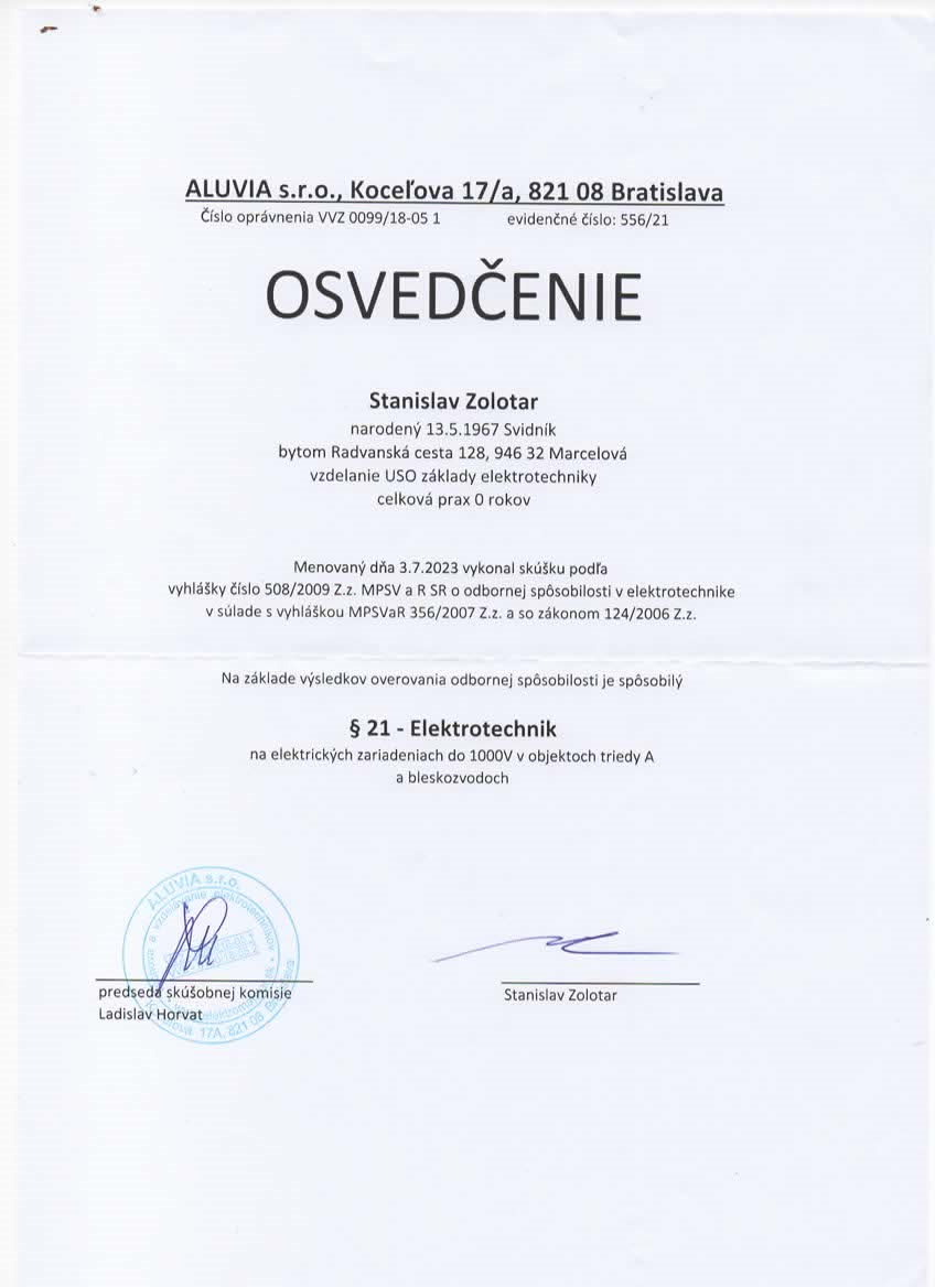 Osvedčenie Elektrotechnik §21